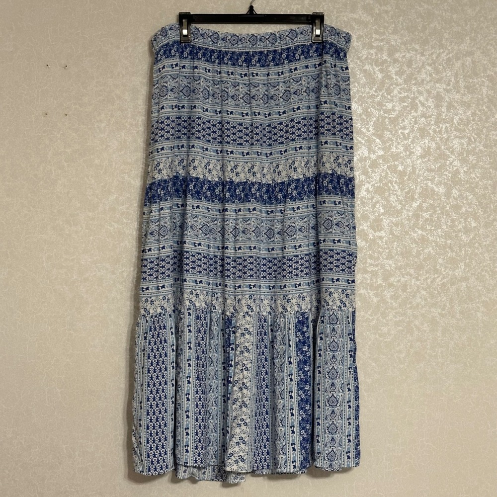 LOFT Floral Medallion Paisley Tiered Maxi Skirt 100% Rayon Boho Blue White XL